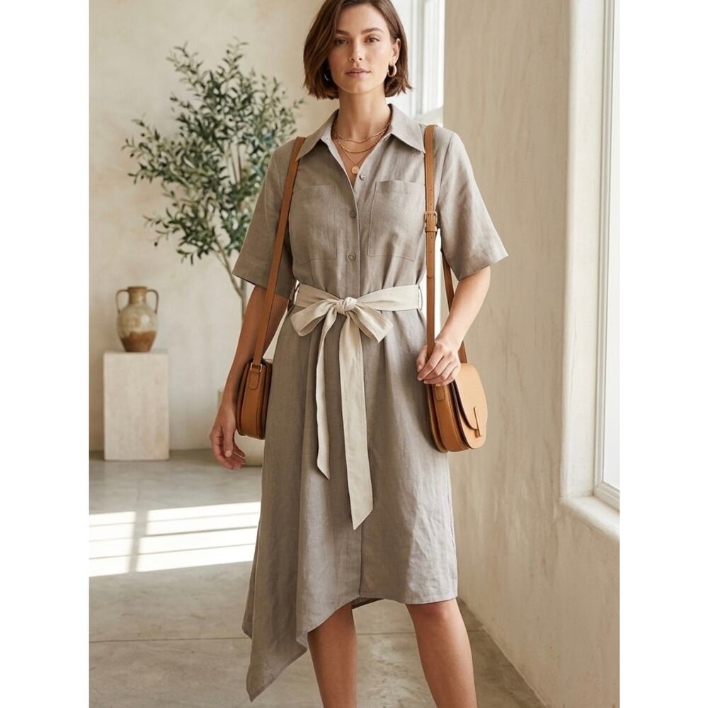 Ports 1961 Linen Blend Button Front Asymmetrical Dress Size 42